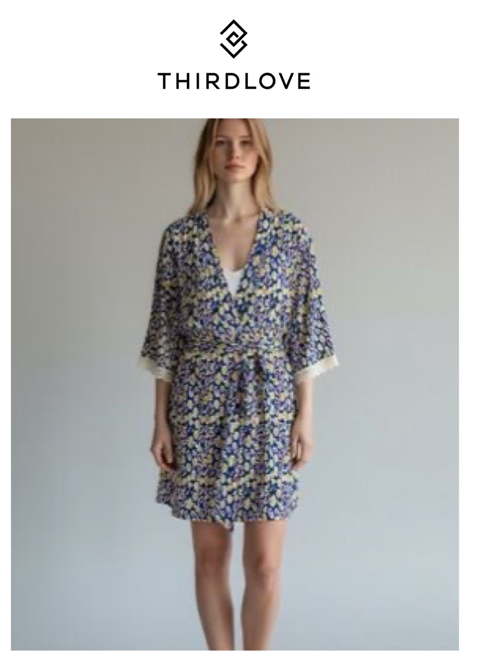 ThirdLove Navy Floral Short Tie-Waist Robe
